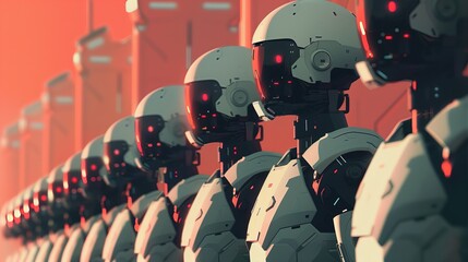 Army of robots, concept of AI work force. Concept of the artificial intelligence taking over jobs. - obrazy, fototapety, plakaty