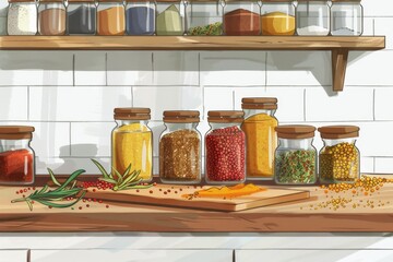 Spice jars are neatly arranged in a circular pattern on a kitchen counter, creating a visually appealing display.