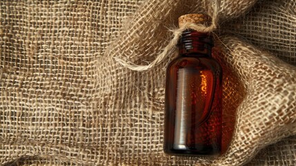 camphor essential oil on burlap background. selective focus