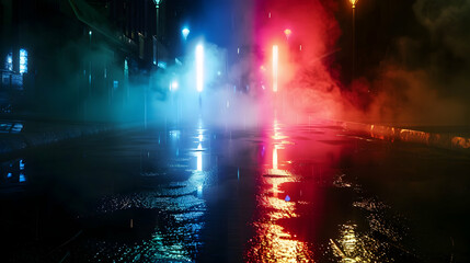 Wet asphalt, reflection of neon lights, a searchlight, smoke. Abstract light in a dark empty street with smoke, smog. Dark background scene of empty street, night view, night city