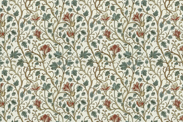 Toile floral pattern tapestry. Arts and Crafts. Vintage botanical wallpaper pattern. Background image. Created with Generative AI technology