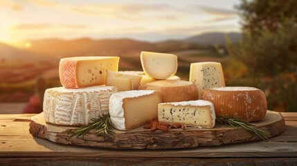 different types of cheese on the background of nature. selective focus