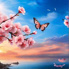 Floral background of tropical orchids and butterfly
