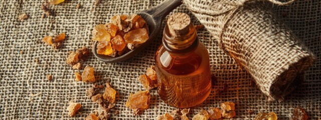 myrrh essential oil on burlap background. selective focus