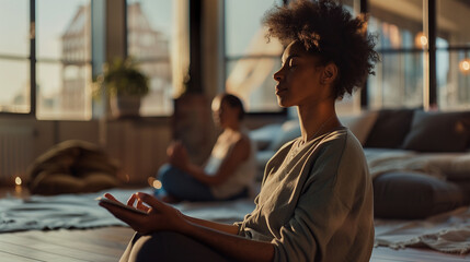 A beautiful lady during Yoga. A biracial Lady engaging in meditation and deep breathing exercises, promoting self-care and body acceptance on International No Diet Day.