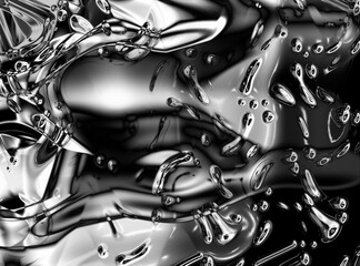 Silver liquid metal waves and drops abstract background. Chrome fluid motion flow texture