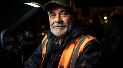 Obraz premium Sympathetic mature worker inside the cab of a vehicle. Generative ai.