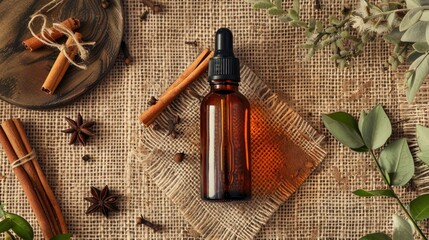 cinnamon essential oil on burlap background. selective focus