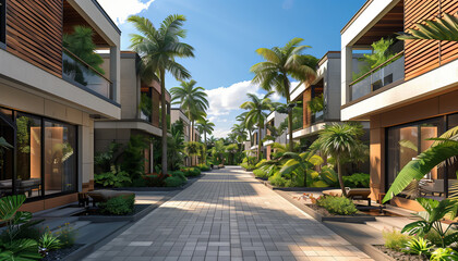 Luxurious Tropical Resort Pathway Surrounded by Lush Palms and Modern Villas
