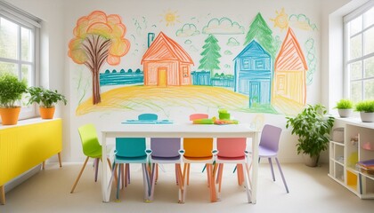Firefly Empty kids room with silhouette of furniture drawn on the walls with colored chalks. 