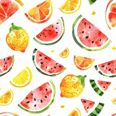 seamless Watercolor fruit Pattern. cute watercolor orange, lemon, and watermelon patterns for wallpapers, fabrics, textiles, and banners.