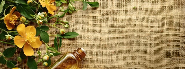 essential oil of flowers and herbs on burlap background. selective focus