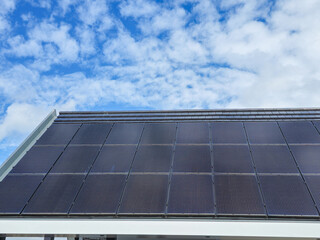 A modern solar panel, glinting in the sunlight, harnessing renewable energy on the rooftop of a building