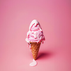 Melting Pink Ice Cream Cone on Pastel Background
