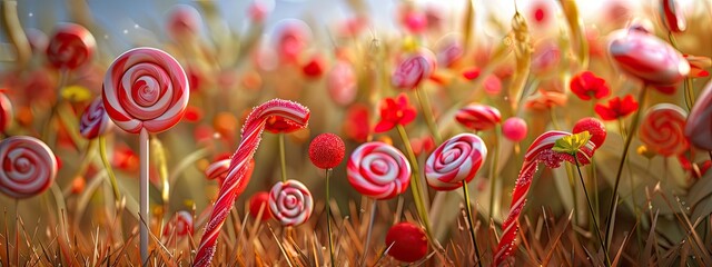 a field of lollipops on sticks. selective focus