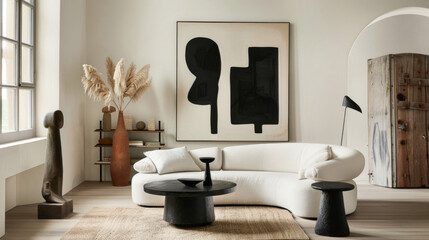 Craft a composition of bold, fluid silhouettes in jet black against an ivory canvas, Modern Minimalist Living Room