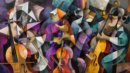 Artistic depiction of musicians playing instruments on a colorful stage