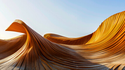 Imagine a sculptural wave made of smooth terracotta and sand-colored tubes, undulating gently under a diffuse, Wooden Sculpture Waves