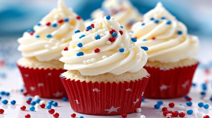 Patriotic 4th of july cupcakes and desserts in festive red, white, and blue decorations - obrazy, fototapety, plakaty