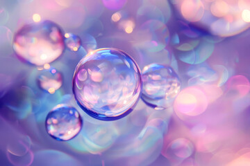 Picture a serene ballet of opalescent orbs gliding through a soft, dusky atmosphere, glowing with subtle purple and blue highlights