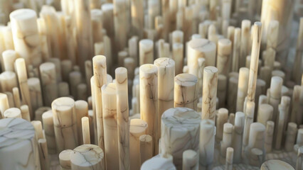Visualize an abstract cityscape constructed from cool-toned marble cylinders, 3D render of abstract marble pillars of varying heights on a plain background