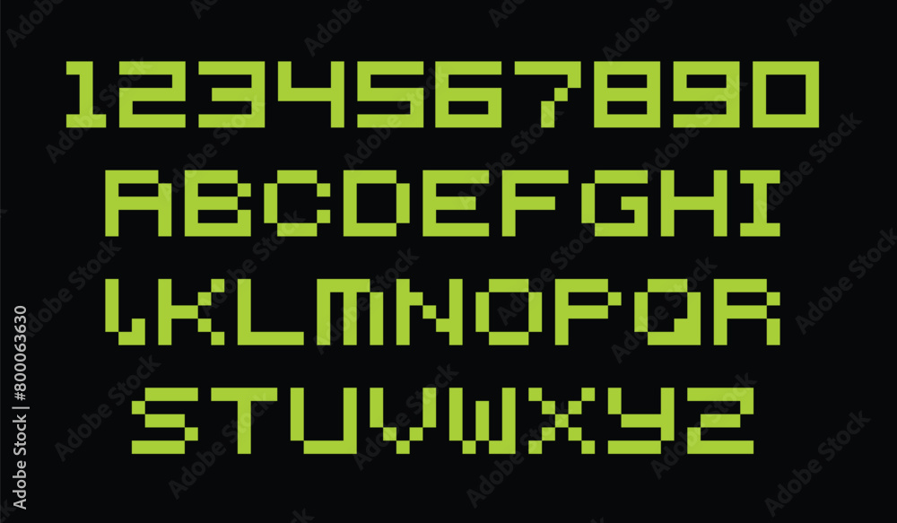 Poster pixel game font. arcade alphabet symbols, retro console text elements, 80s type letters. vector comp