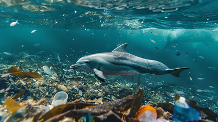 Obraz premium beautiful beach and blue sea polluted by waste plastic, dolphins and turtles in a polluted ocean conditions