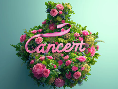 Concepto gr&aacute;fico para un concierto musical en beneficio de la lucha contra el c&aacute;ncer de mama, busto de flores y hojas verdes, y una cinta rosa formando la palabra "Cancert", fondo azul turquesa