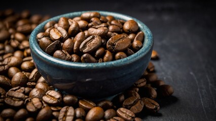 aerial photograph of a diverse assortment of freshly roasted coffee beans scattered elegantly across a textured dark wooden table.