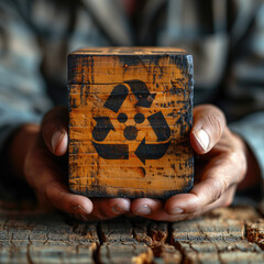 manos sujetando figura cubo de madera, símbolo reciclaje, concepto de economía circular, trabajador desempleado re-inventarse selección de personal, tecnologías disruptivas, medios sostenibles natural
