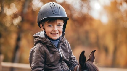 the boy is learning to ride horses. selective focus