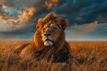Side view of a Lion walking, looking at the camera, Panthera Leo, A lioness, Panthera leo, sitting on top of a mound, on a rocky outcrop, Single lion looking regal standing proudly on a small hill.	 - obrazy, fototapety, plakaty