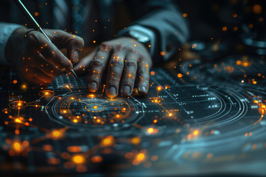 manos trabajando sobre el concepto del tiempo, sobre planos digitales, apuntando, cambios, modificaciones, tecnolog&iacute;as disruptivas, medios sostenibles, control y seguimiento, tonos oscuros, destellos 
