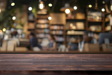 Empty wooden table for present product on coffee shop blur background.