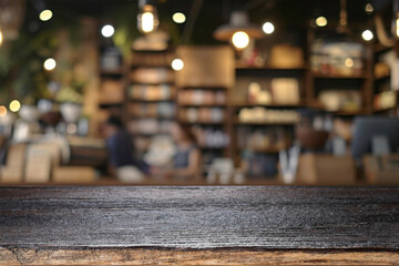 Empty wooden table for present product on coffee shop blur background.