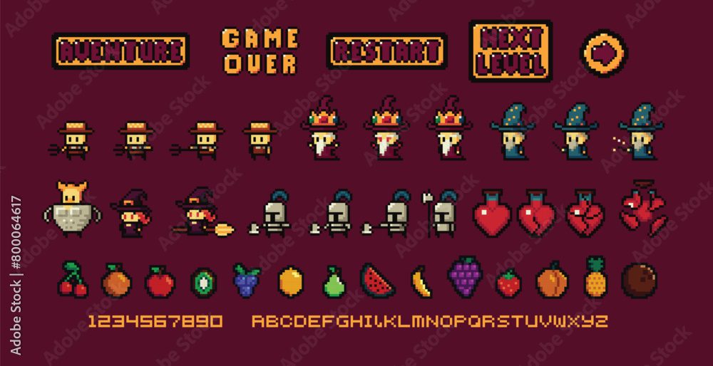 Aufkleber set of minimalistic pixel art vector objects isolated. pixel game buttons. video nostalgic game pixe