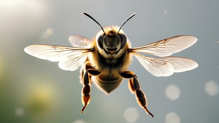 A single detailed bee flying with a solid color background. AI Generated - Powered by Adobe