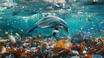 Fototapeta premium beautiful beach and blue sea polluted by waste plastic, dolphins and turtles in a polluted ocean conditions