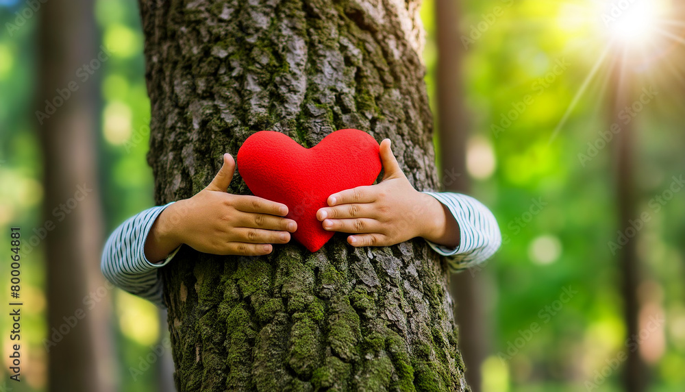 Poster closeup of the hands and arms of a child hugging a tree trunk with a red heart in the green forest. 
