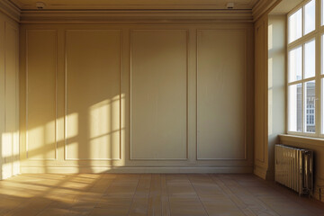 mockup empty room in a classic interior in beige color with sunlight with copy space. room layout.