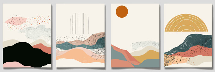 a set of three vertical banners with abstract shapes