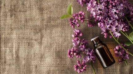lilac essential oil on burlap background. selective focus