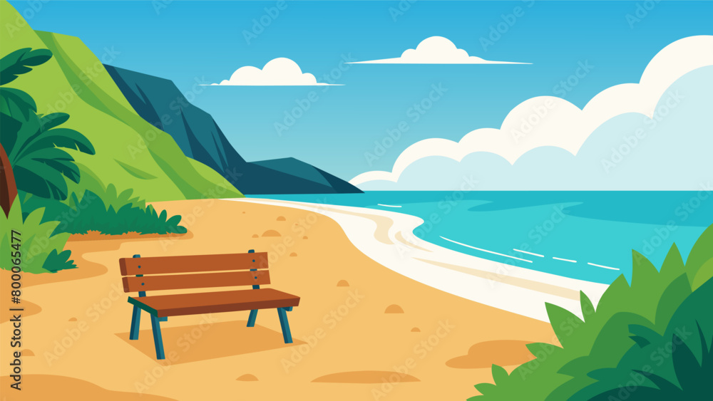 Poster a secluded beach cove with a simple wooden bench perfect for listening to the sound of the waves and