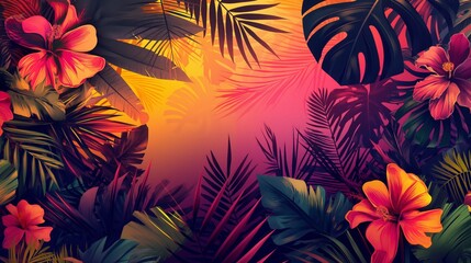 Vibrant background with tropical plants, flowers, and leaves