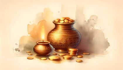 Akshaya tritiya watercolor illustration with a pot overflowing with gold coins.
