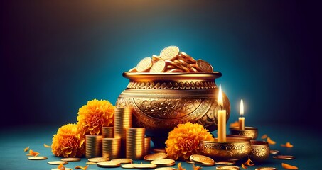 Akshaya tritiya celebration background with a pot overflowing with gold coins and decoration.
