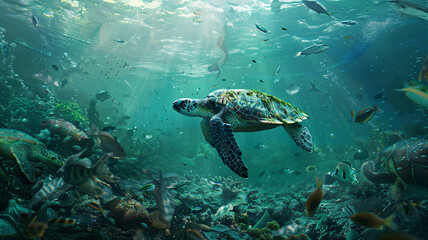 Obraz premium beautiful beach and blue sea polluted by waste plastic, dolphins and turtles in a polluted ocean conditions