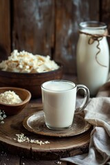 milk cottage cheese on a wooden background. selective focus