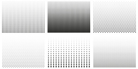 Collection Of Black And White Halftone Patterns With Gradients. Set Of Halftone Dot Backgrounds. Isolated Vector Illustration