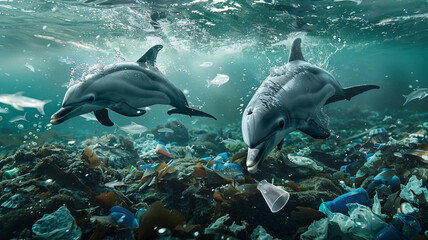 beautiful beach and blue sea polluted by waste plastic, dolphins and turtles in a polluted ocean conditions